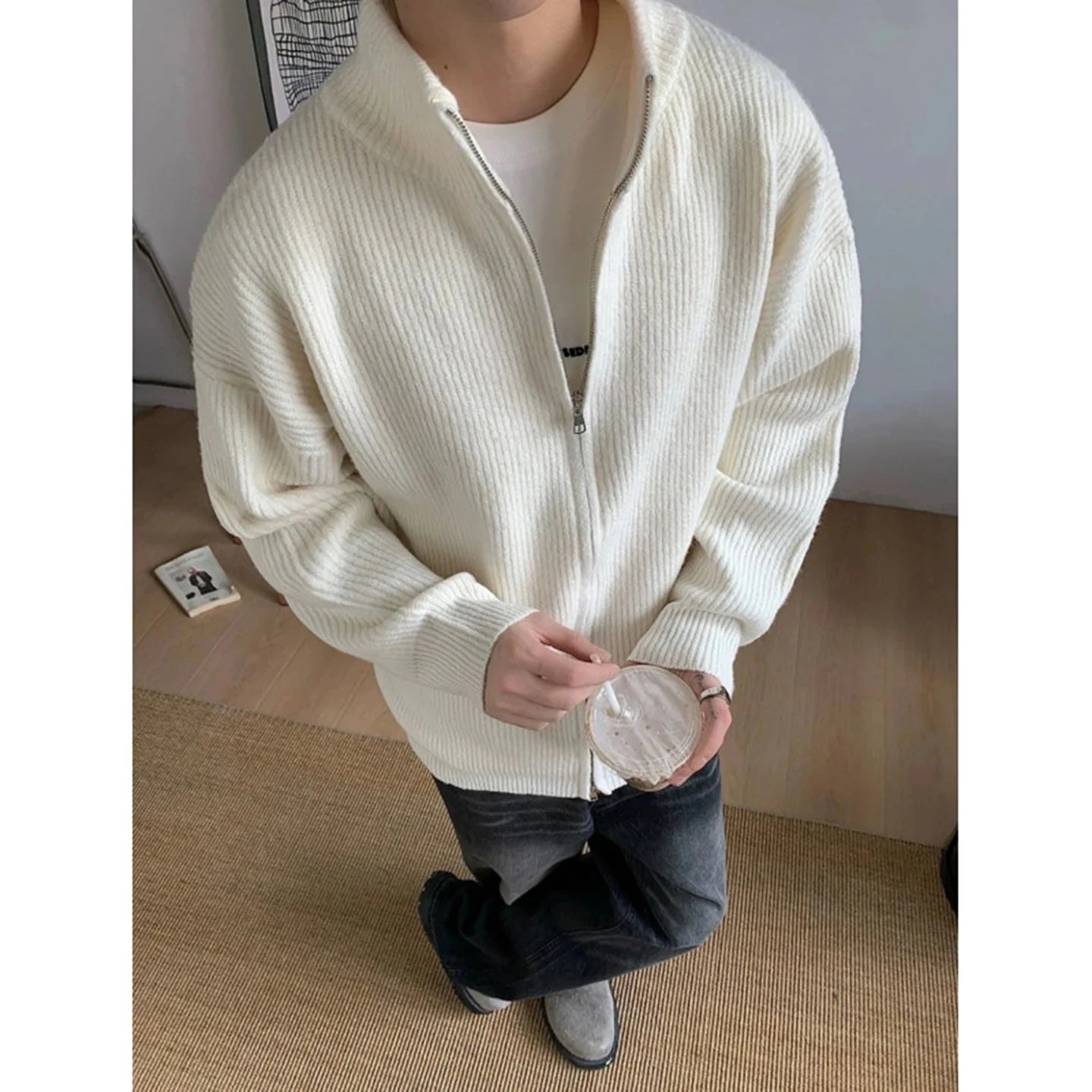 Men's Loose Knit Cardigan Sweater with Zip Closure
