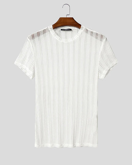 Incerun Men's Mesh See-Through Striped O-Neck T-Shirt