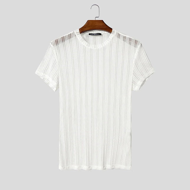 Incerun Men's Mesh See-Through Striped O-Neck T-Shirt