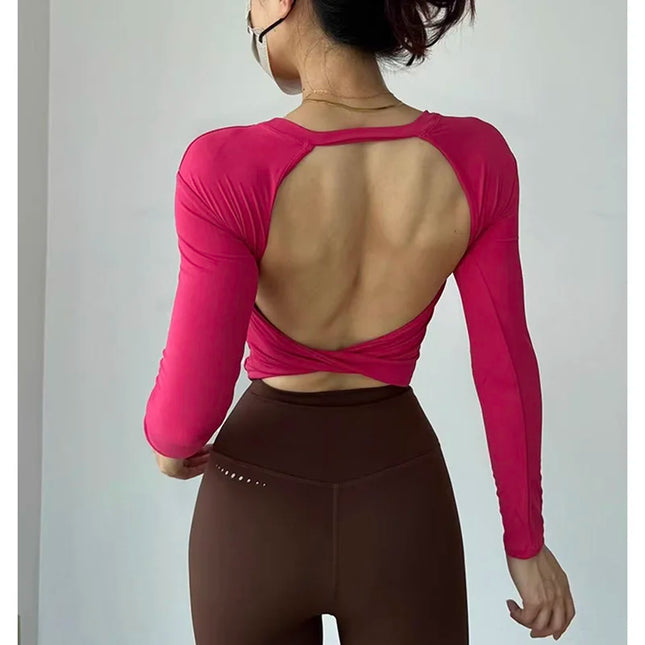 Long Sleeve Women's Yoga Top with Fixed Chest and Backless Design