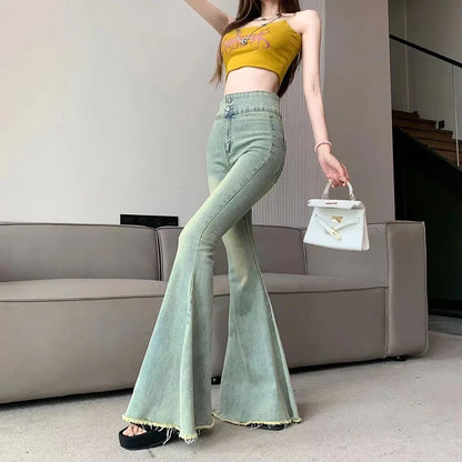 Women's Vintage High Waist Flare Jeans - Slim Fit Wide Leg Denim Pants