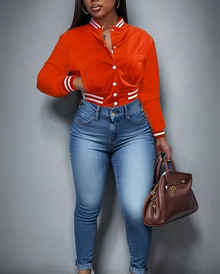 Women's Single-Breasted Lettered Baseball Jacket