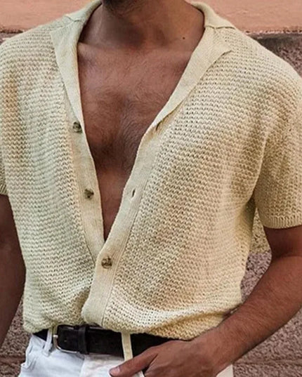 Men's Knitted Short Sleeve Shirt with Mesh Design