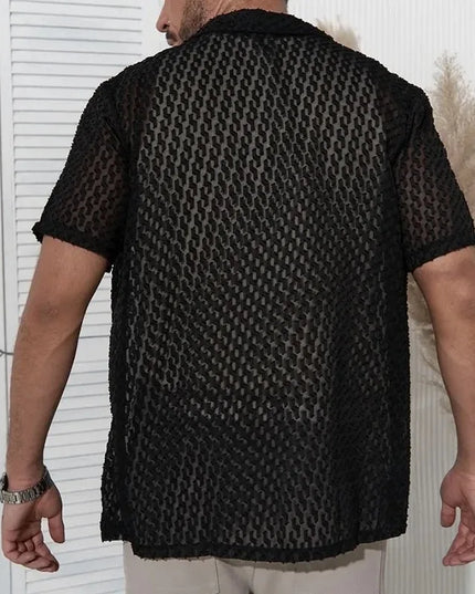 Men's Short Sleeve Mesh Lace Hollow Out Shirt