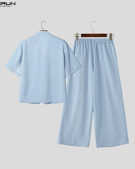 INCERUN Men's Two-Piece V-Neck Short Sleeve Blazer & Pants Set