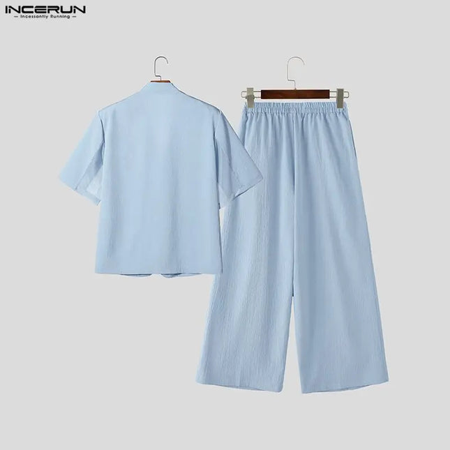 INCERUN Men's Two-Piece V-Neck Short Sleeve Blazer & Pants Set