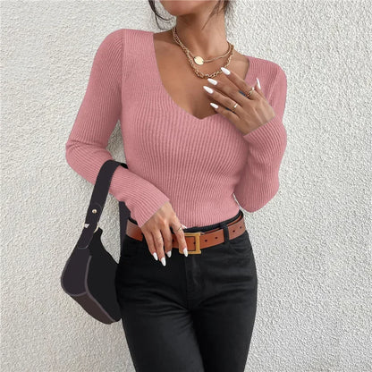 Women's  V-Neck Ribbed Knit Pullover Sweater