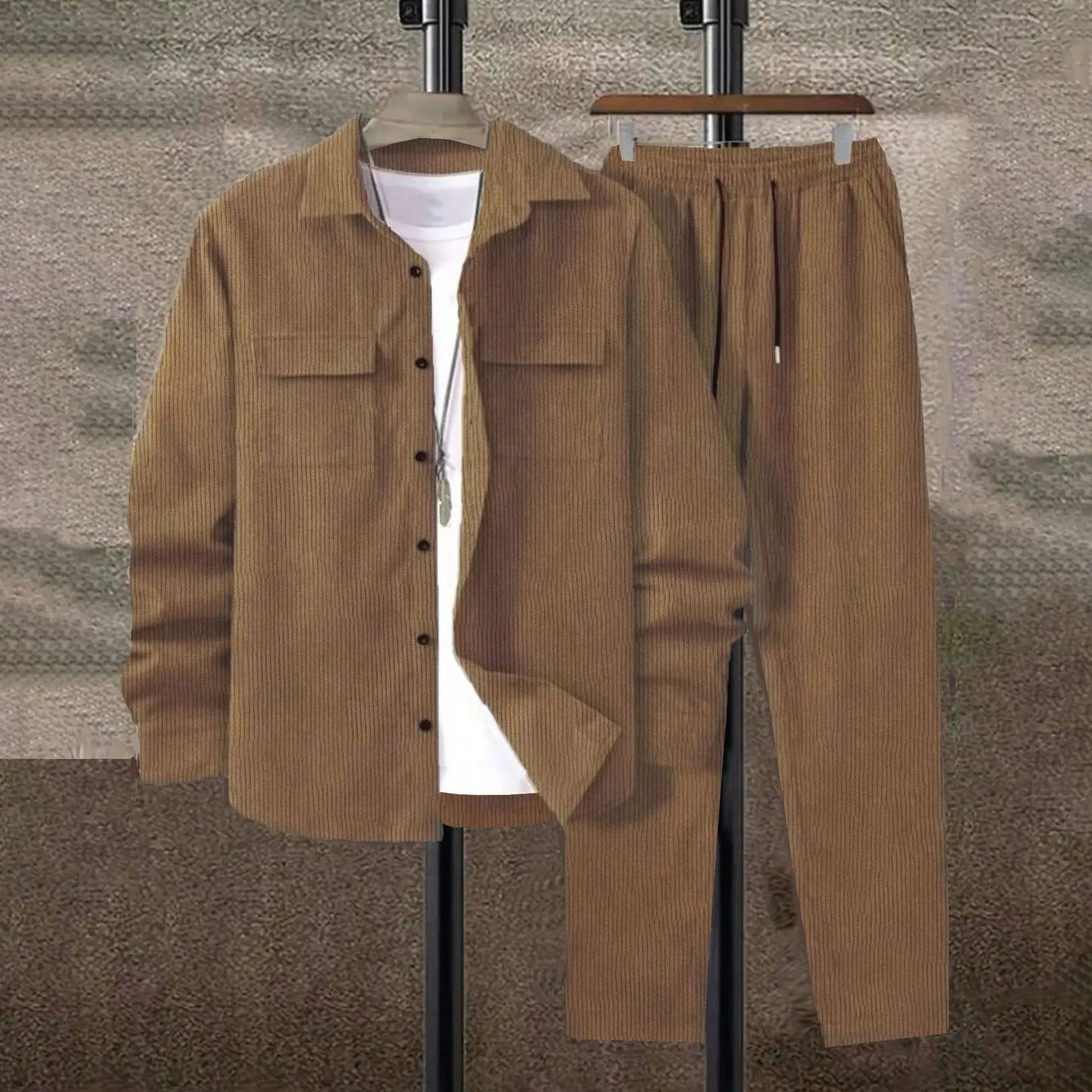 Men's Corduroy 2-Piece Shirt and Pants Set - Long Sleeve Button-Front Casual Outfit for Men