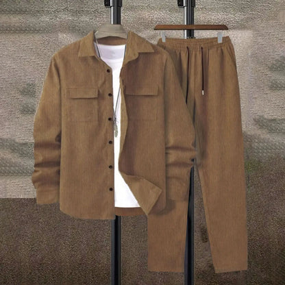 Men's Corduroy 2-Piece Shirt and Pants Set - Long Sleeve Button-Front Casual Outfit for Men