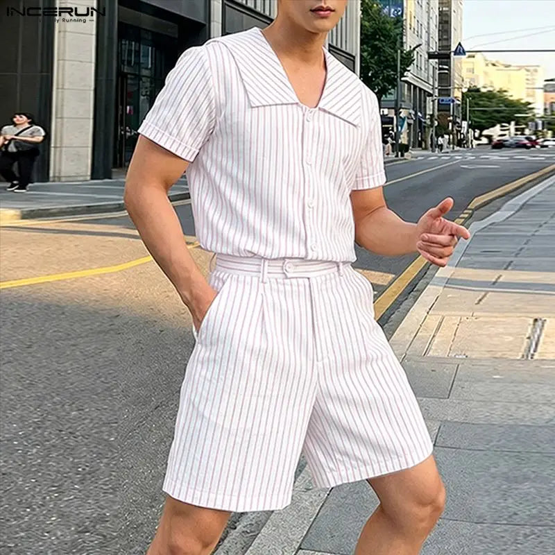 Incerun Men's Two-Piece Striped Short Sleeve Shirt and Shorts Set