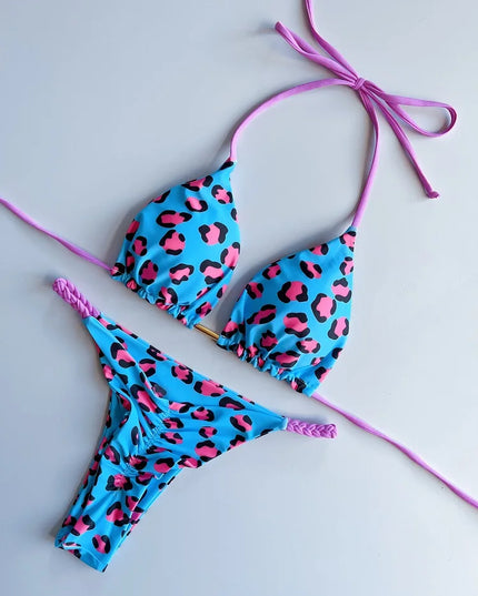 Leopard Print Brazilian Bikini with Braided Rope for Women