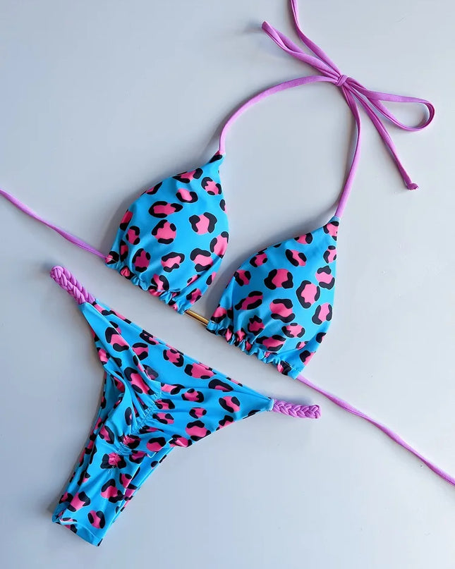 Leopard Print Brazilian Bikini with Braided Rope for Women