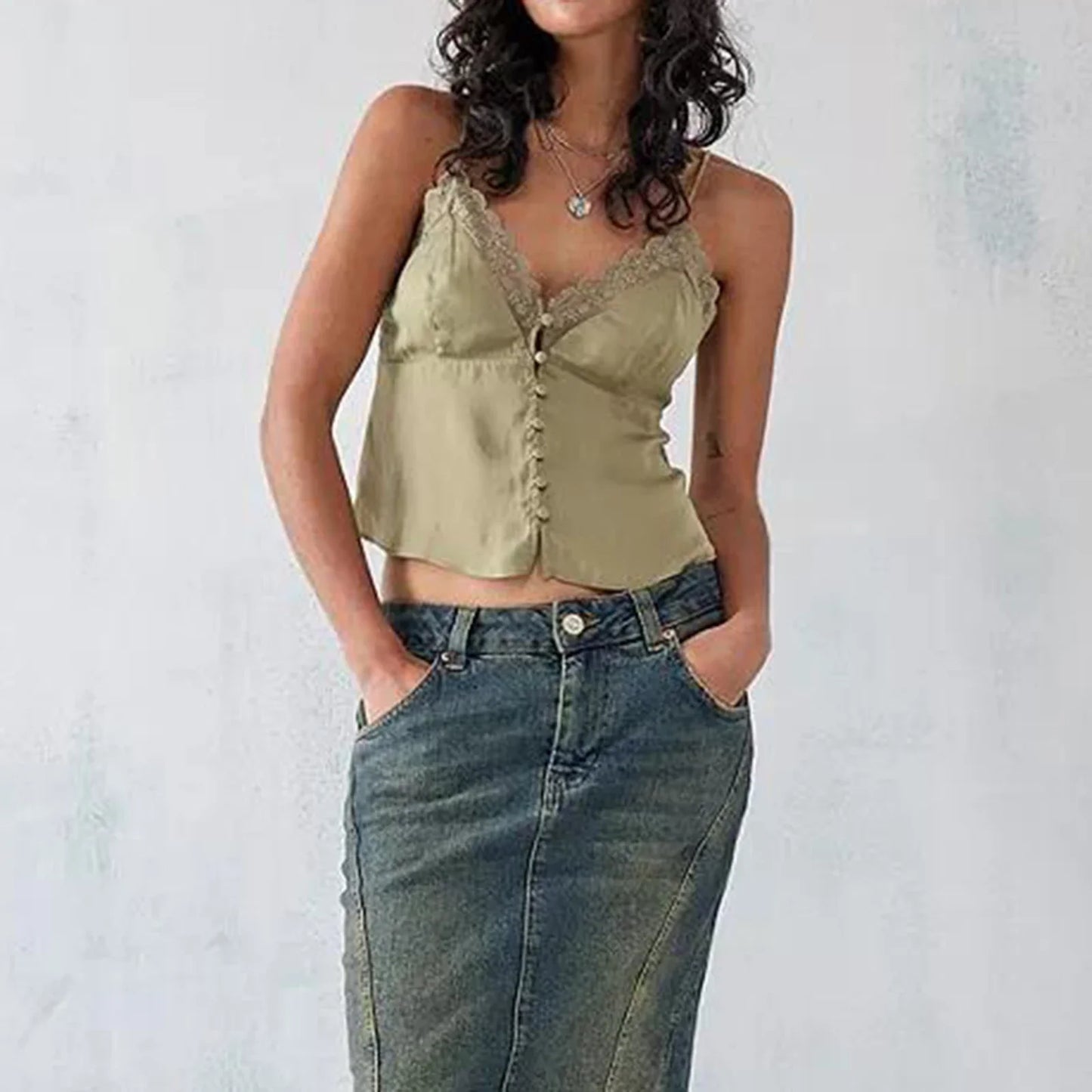 Women's Vintage V-Neck Camisoles with Spaghetti Straps & Button-Down Design
