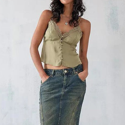 Women's Vintage V-Neck Camisoles with Spaghetti Straps & Button-Down Design
