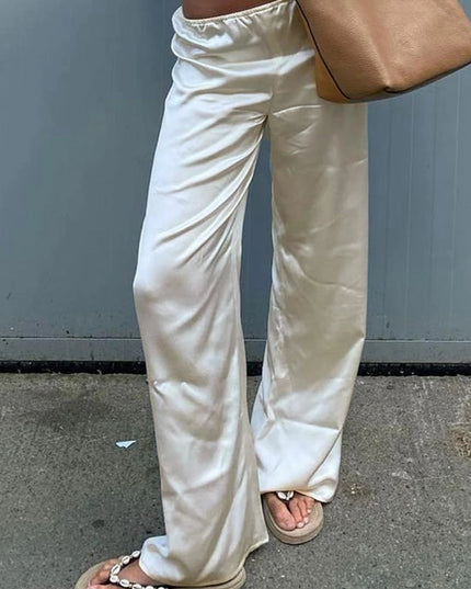 Women's Satin Wide Leg Pants - Casual High Waist Elastic Waistline