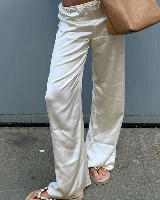 Women's Satin Wide Leg Pants - Casual High Waist Elastic Waistline