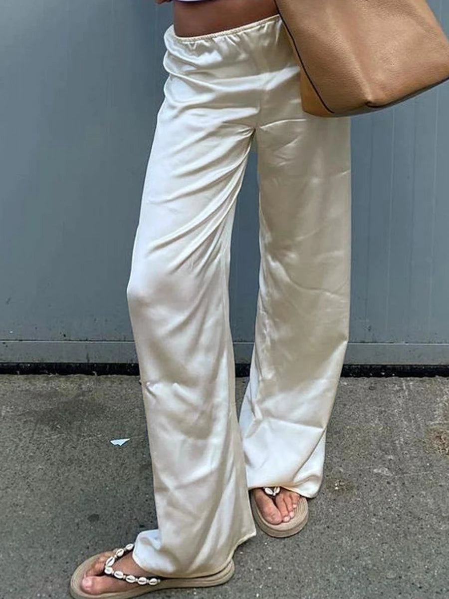 Women's Satin Wide Leg Pants - Casual High Waist Elastic Waistline
