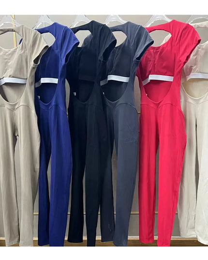 Women's Padded Short Sleeve One-Piece Jumpsuit - Quick-Dry, Backless Sports Suit for Active Fitness