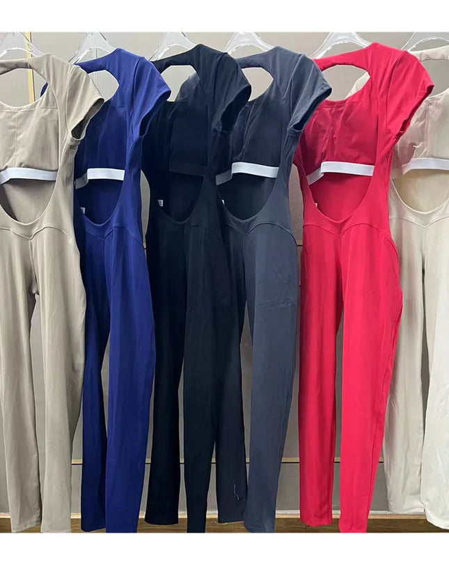 Women's Padded Short Sleeve One-Piece Jumpsuit - Quick-Dry, Backless Sports Suit for Active Fitness