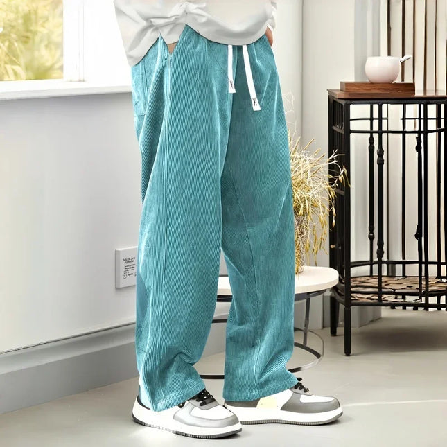 Men's Loose Fit Corduroy Casual Pants with Elastic Waist and Drawstring