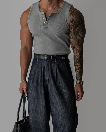 Henley Neck Buttoned Men’s Slim Fit Stretch Ribbed Tank Top