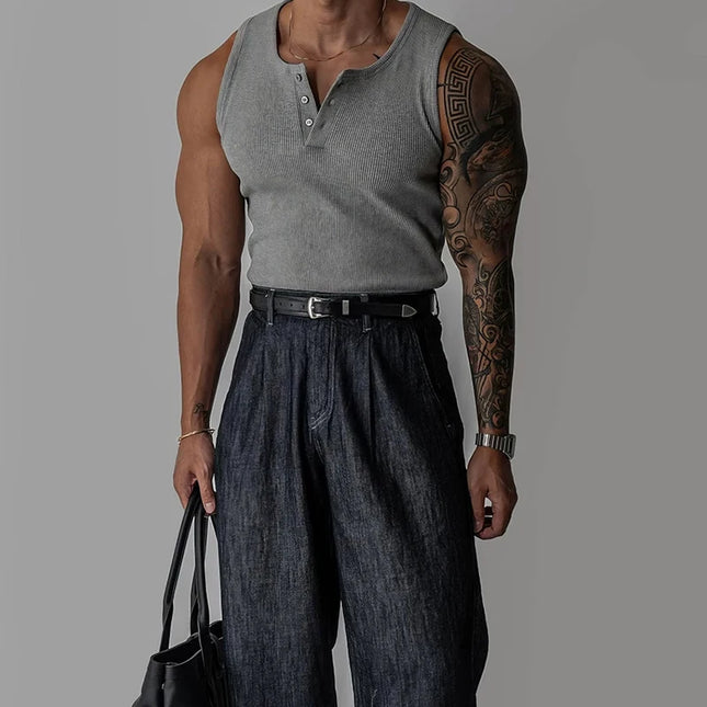Henley Neck Buttoned Men’s Slim Fit Stretch Ribbed Tank Top