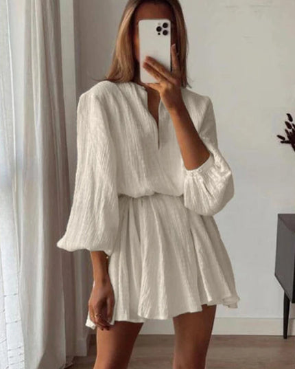 Women’s V-Neck Mini Dress with Flare Sleeves and Short Length