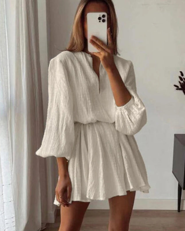 Women’s V-Neck Mini Dress with Flare Sleeves and Short Length