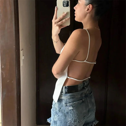 Backless Sleeveless Black and White Crop Top for Women with Thin Straps