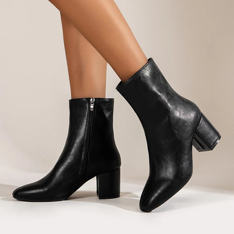 Women's Stretch Ankle Boots with Side Zipper and Mid Heel