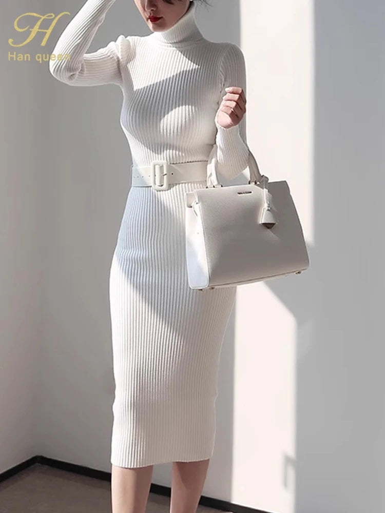 Han Queen Women's Knitted Turtleneck Bodycon Dress with Belt