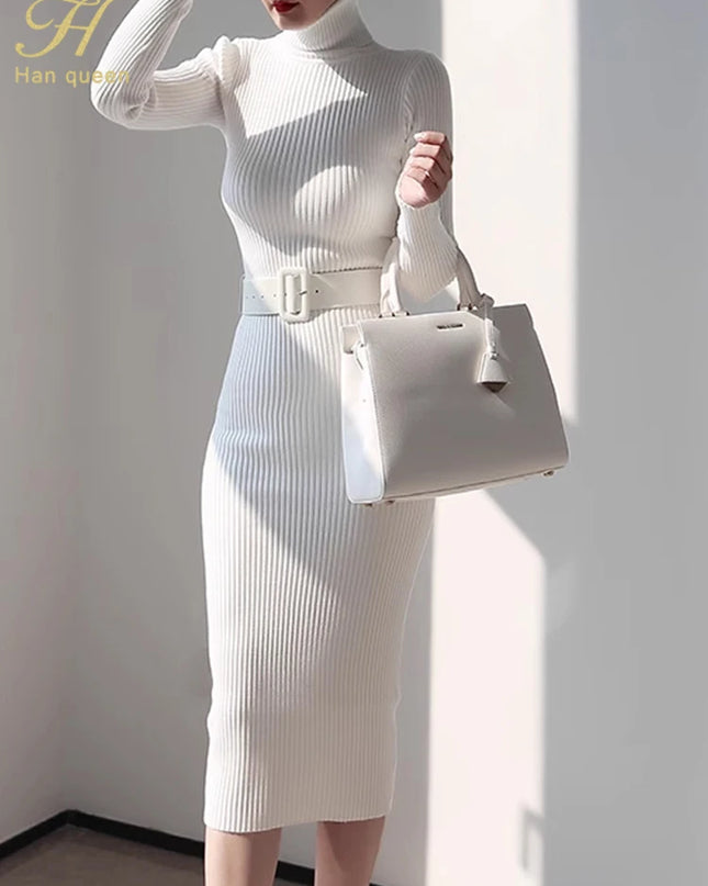 Han Queen Women's Knitted Turtleneck Bodycon Dress with Belt
