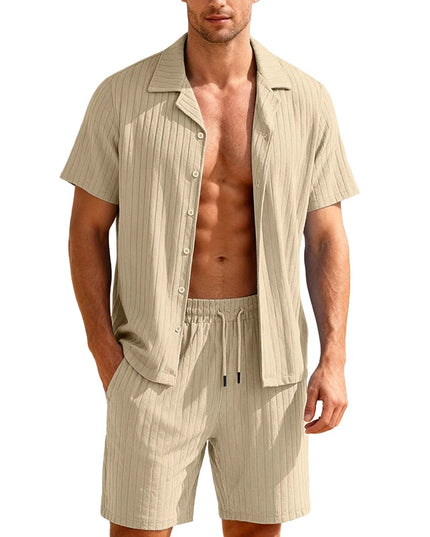 Men's Two-Piece Casual Button-Down Shirt and Drawstring Shorts Set