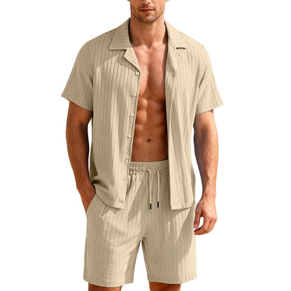 Men's Two-Piece Casual Button-Down Shirt and Drawstring Shorts Set