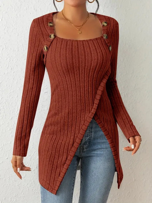 Women's Asymmetrical Hem Ribbed Casual Tunic with Button Detail