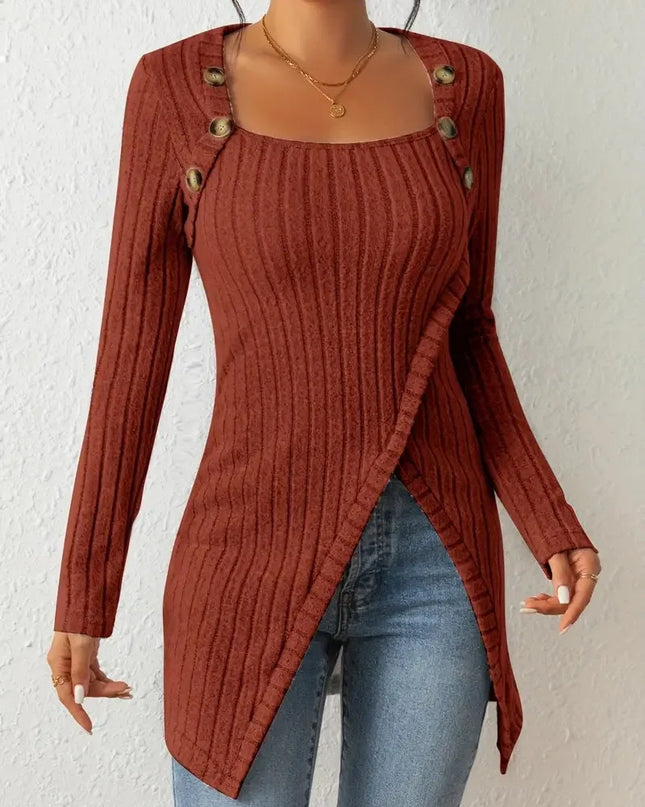 Women's Asymmetrical Hem Ribbed Casual Tunic with Button Detail
