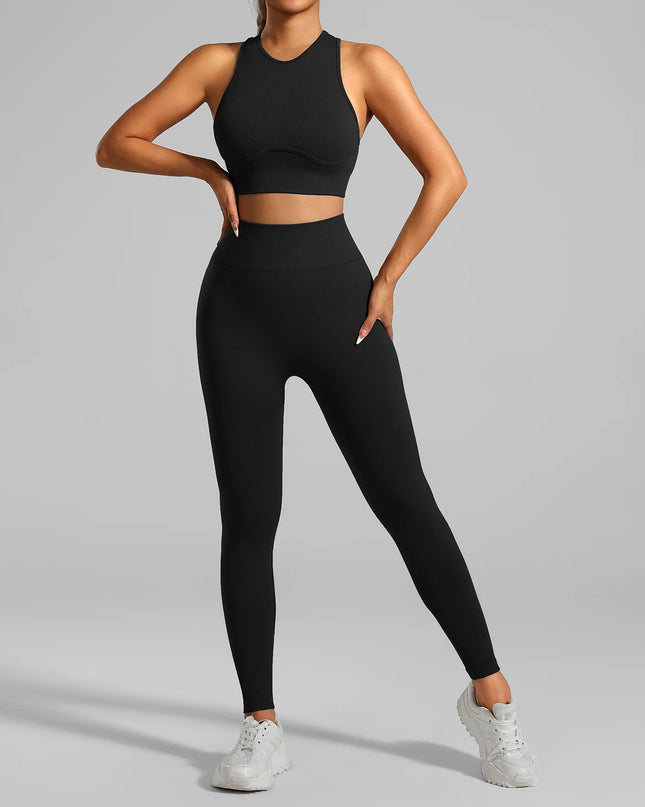 High-Waisted Ribbed Yoga Bra & Leggings Set for Women with Tummy Control