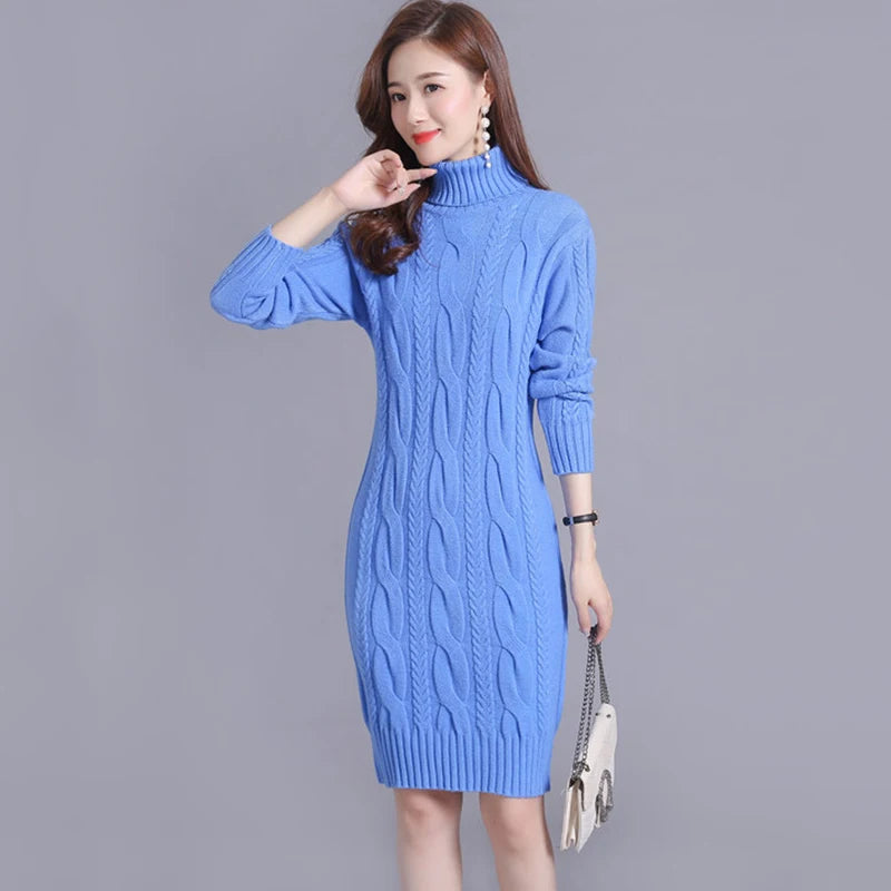 Women's Oversized Knitted Turtleneck Twist Sweater Dress
