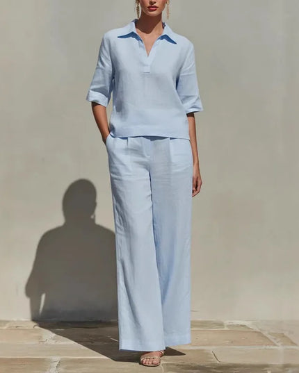 Women’s Two-Piece Set  V-Neck Short-Sleeve Sweater Top and High-Waisted Wide-Leg Pants