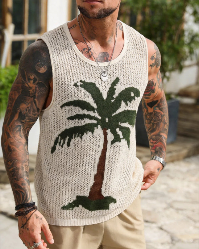 Men's Crochet Knit Vest with Palm Tree Print and Hollow Design