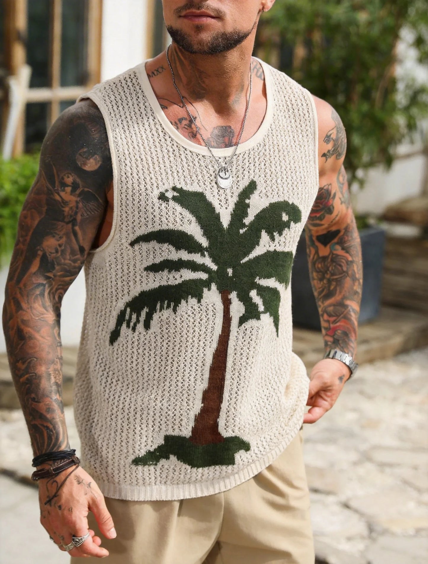 Men's Crochet Knit Vest with Palm Tree Print and Hollow Design