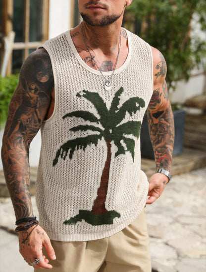 Men's Crochet Knit Vest with Palm Tree Print and Hollow Design