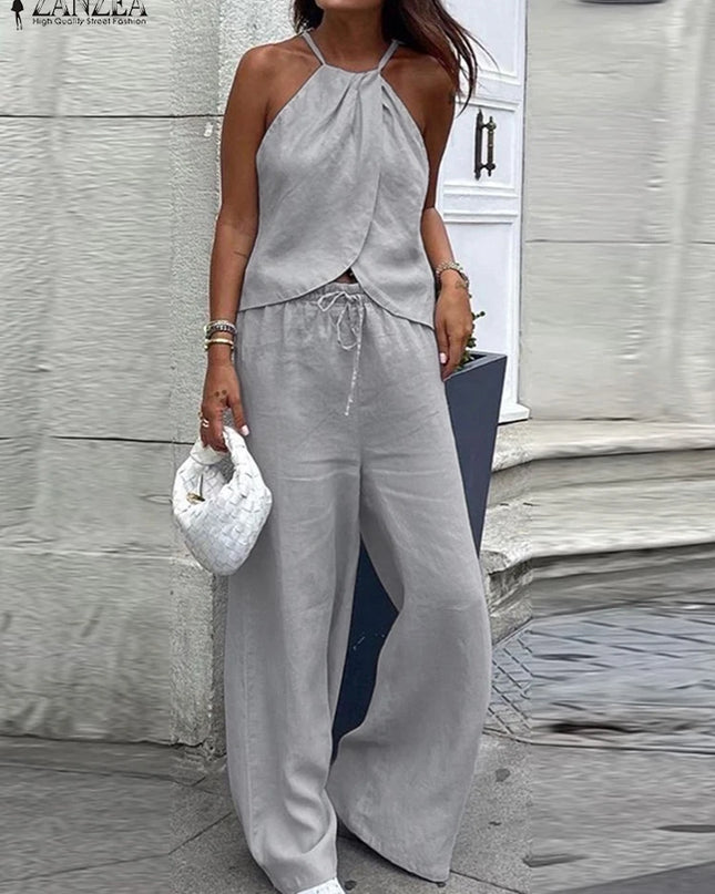 ZANZEA Women's Two-Piece Set: Sleeveless Halter Tops and Elastic Waist Pants