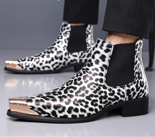 Men's Faux Leather Leopard Print Boots