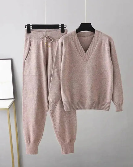 Women's Knitted 2-Piece Set – V-Neck Full Sleeve Sweater & Pencil Pants