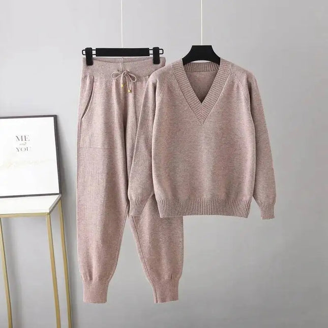 Women's Knitted 2-Piece Set – V-Neck Full Sleeve Sweater & Pencil Pants