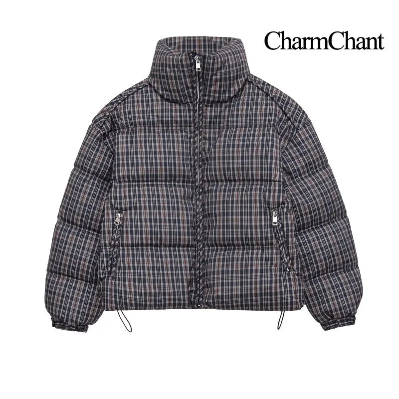 CharmChant Women's Stand-Collar Plaid Puffer Parka Jacket with Padding