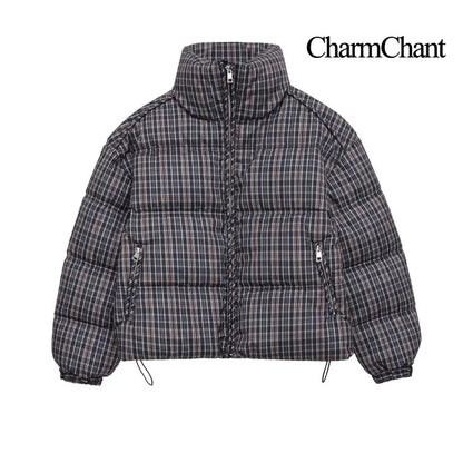 CharmChant Women's Stand-Collar Plaid Puffer Parka Jacket with Padding