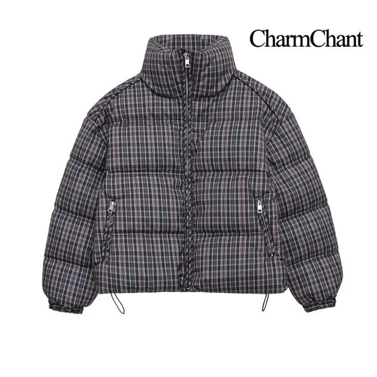 CharmChant Women's Stand-Collar Plaid Puffer Parka Jacket with Padding