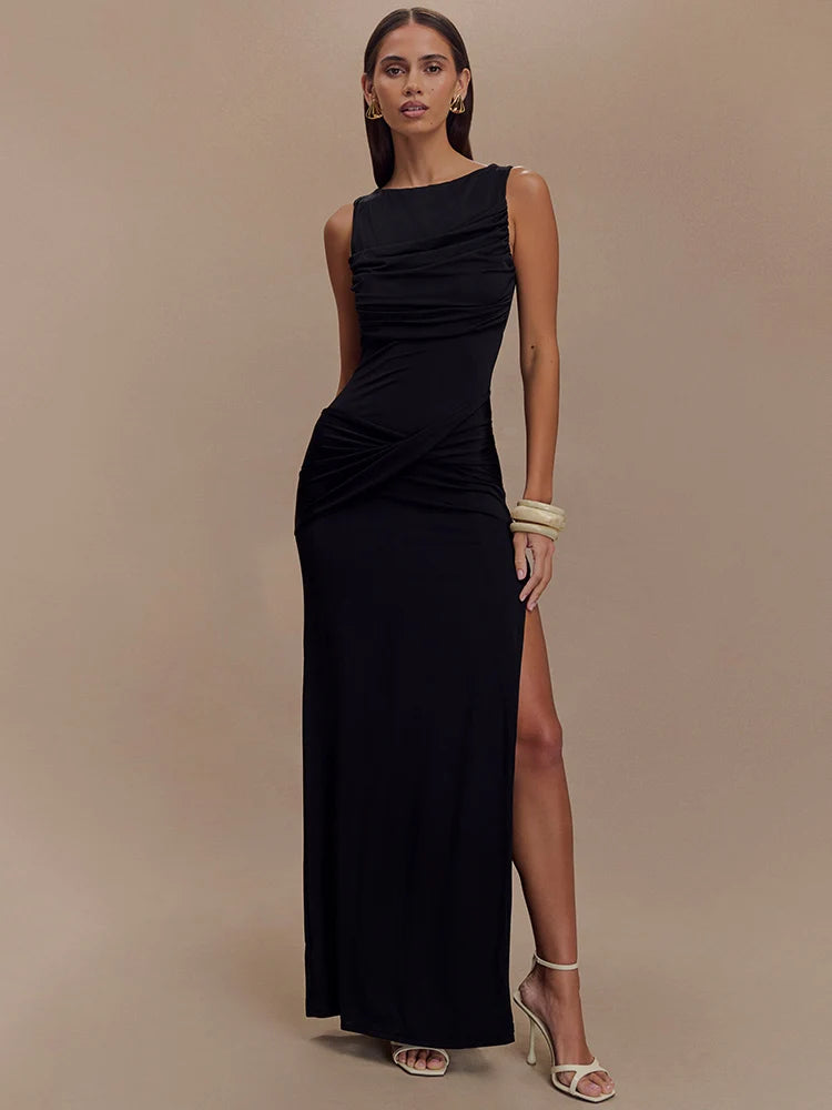 Women's Backless Ruched Maxi Dress with Thigh-High Split